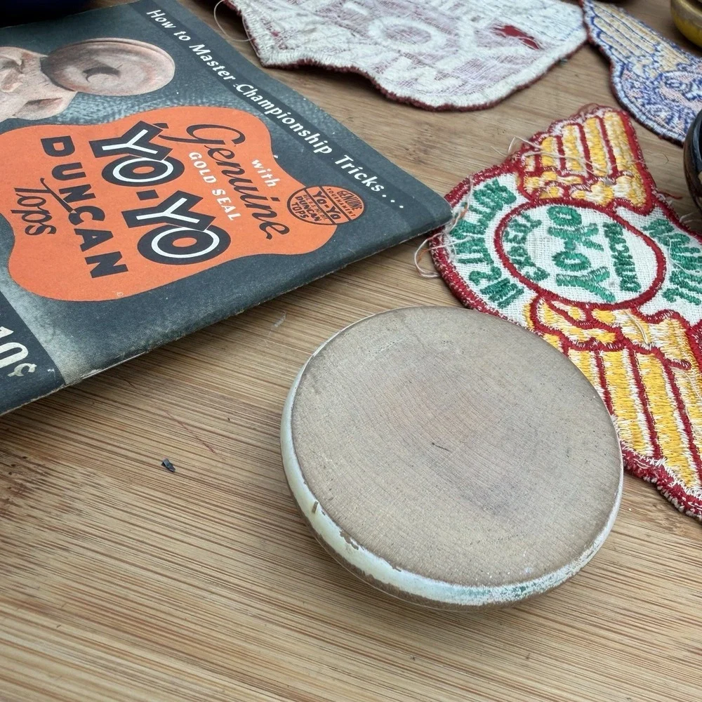 VTG  Duncan Yo-Yo Collection Lot 1950's wood Tournament Memorabilia Patches book